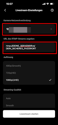 WLAN einrichten und RTMP-Server verbinden