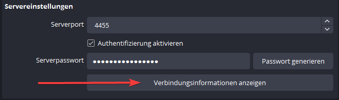 Um das Passwort zu erhalten oder zu ändern bitte auf Verbindungsinformationen anzeigen klicken